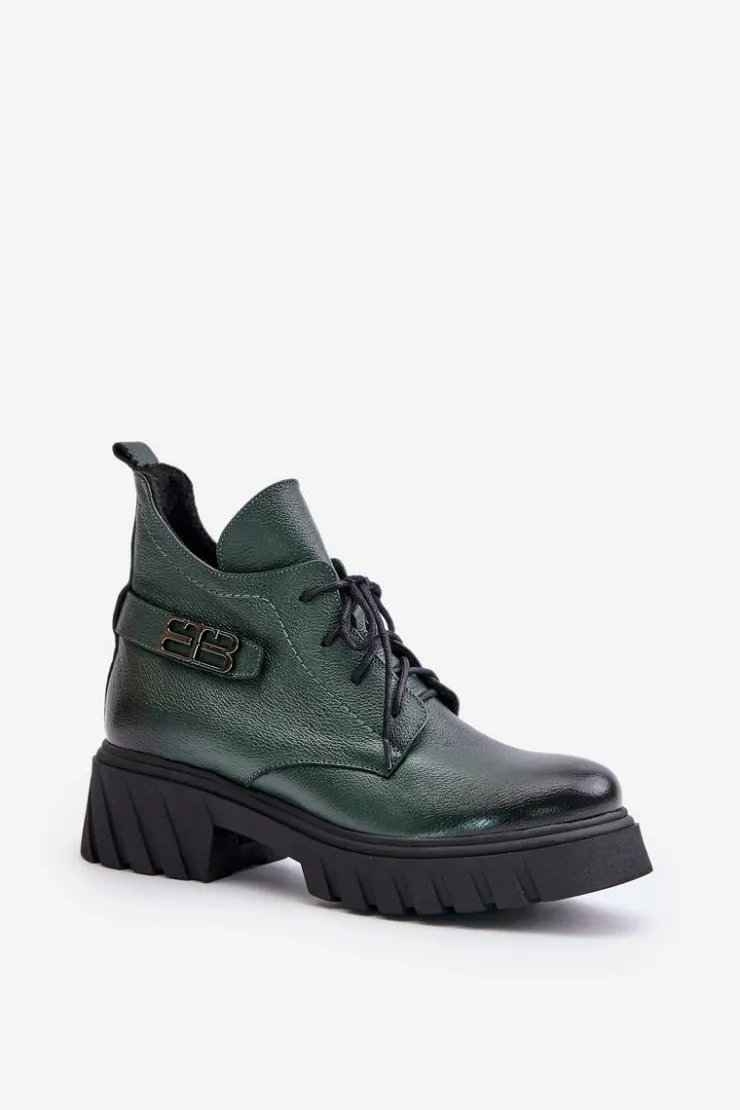 Damskie Zazoo 60483 Damskie Skórzane Botki Z Niską Cholewką Ocieplane Ciemnozielone