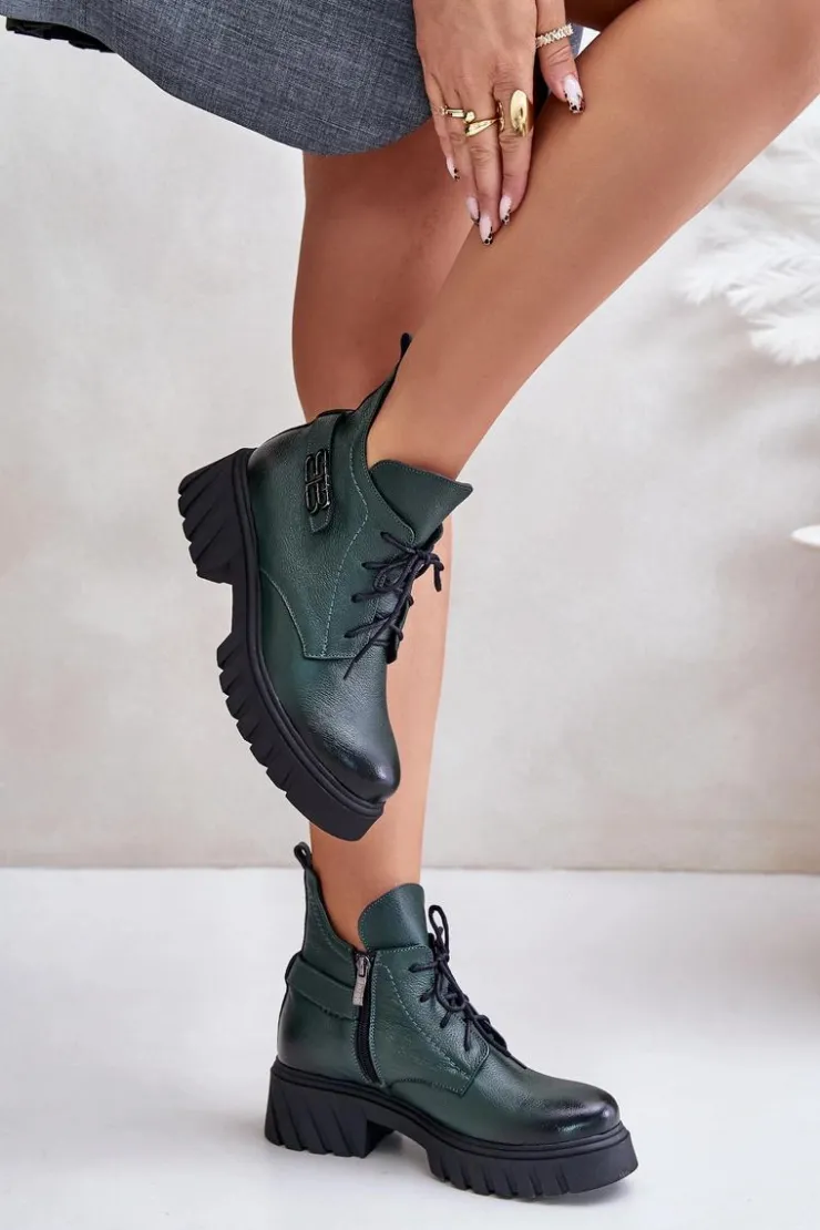 Damskie Zazoo 60483 Damskie Skórzane Botki Z Niską Cholewką Ocieplane Ciemnozielone