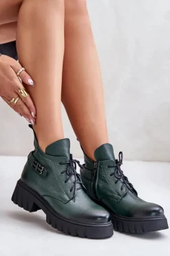 Damskie Zazoo 60483 Damskie Skórzane Botki Z Niską Cholewką Ocieplane Ciemnozielone