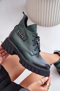 Damskie Zazoo 60483 Damskie Skórzane Botki Z Niską Cholewką Ocieplane Ciemnozielone