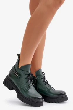 Damskie Zazoo 60483 Damskie Skórzane Botki Z Niską Cholewką Ocieplane Ciemnozielone