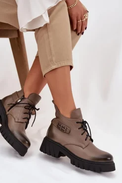 Online Zazoo 60483 Damskie Skórzane Botki Z Niską Cholewką Ocieplane Ciemnobeżowe Beżowy