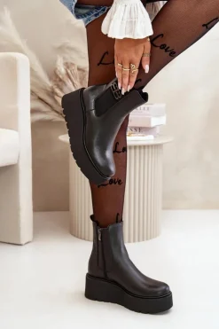 Zazoo Botki Ocieplane|Botki Skórzane*60498 Damskie Skórzane Botki Sztyblety Na Platformie I Koturnie Czarne Czarny