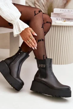 Zazoo Botki Ocieplane|Botki Skórzane*60498 Damskie Skórzane Botki Sztyblety Na Platformie I Koturnie Czarne Czarny