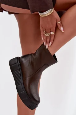 Clearance Zazoo 60369 Damskie Skórzane Botki Na Platformie Czekoladowe Brązowy