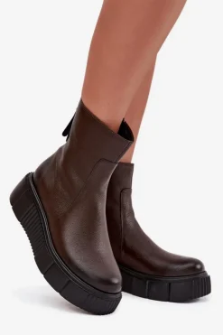 Clearance Zazoo 60369 Damskie Skórzane Botki Na Platformie Czekoladowe Brązowy
