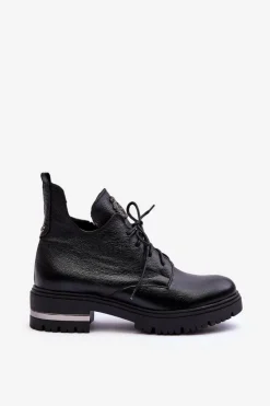 Boto Botki Sznurowane|Czarne Botki*Zazoo 60309 Damskie Skórzane Botki Na Płaskim Obcasie Czarne