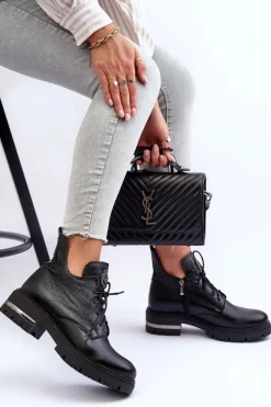 Boto Botki Sznurowane|Czarne Botki*Zazoo 60309 Damskie Skórzane Botki Na Płaskim Obcasie Czarne