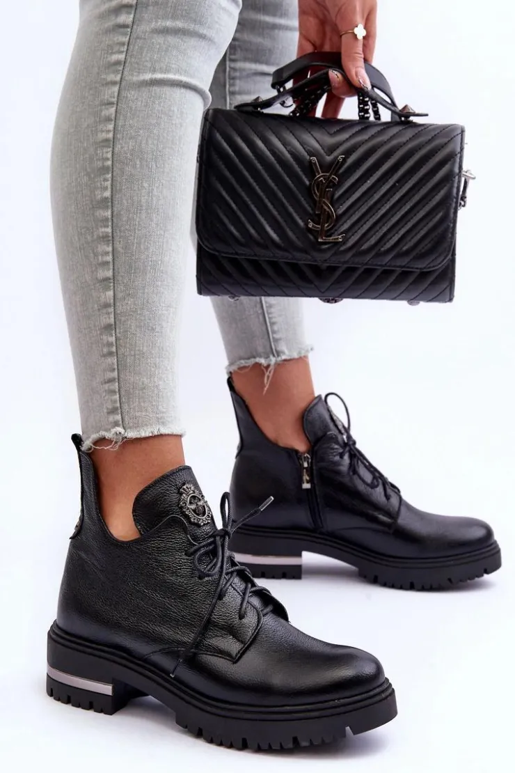 Boto Botki Sznurowane|Czarne Botki*Zazoo 60309 Damskie Skórzane Botki Na Płaskim Obcasie Czarne