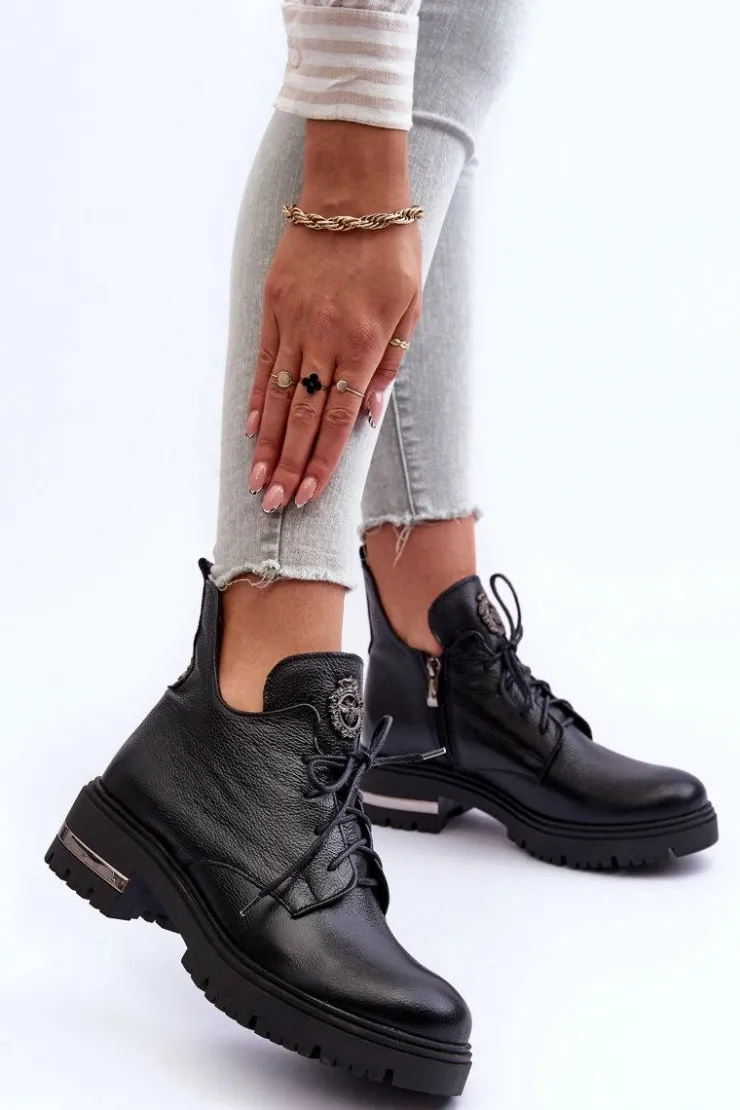 Boto Botki Sznurowane|Czarne Botki*Zazoo 60309 Damskie Skórzane Botki Na Płaskim Obcasie Czarne