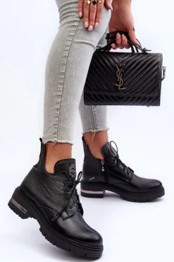 Boto Botki Sznurowane|Czarne Botki*Zazoo 60309 Damskie Skórzane Botki Na Płaskim Obcasie Czarne