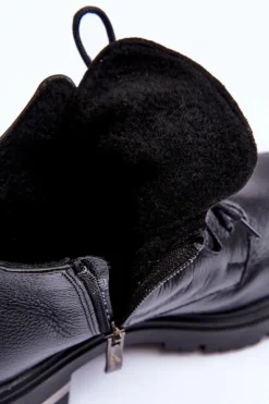 Boto Botki Sznurowane|Czarne Botki*Zazoo 60309 Damskie Skórzane Botki Na Płaskim Obcasie Czarne