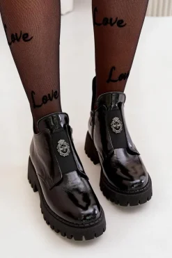 Boto Zazoo 60451 Damskie Skórzane Botki Z Ozdobą Lakierowane Czarne