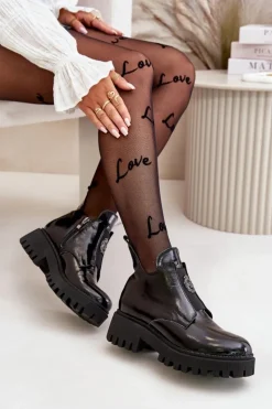 Boto Zazoo 60451 Damskie Skórzane Botki Z Ozdobą Lakierowane Czarne