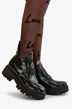 Boto Zazoo 60451 Damskie Skórzane Botki Z Ozdobą Lakierowane Czarne