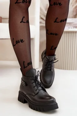 New Zazoo 60483 Damskie Skórzane Botki Z Niską Cholewką Ocieplane Czarne Czarny