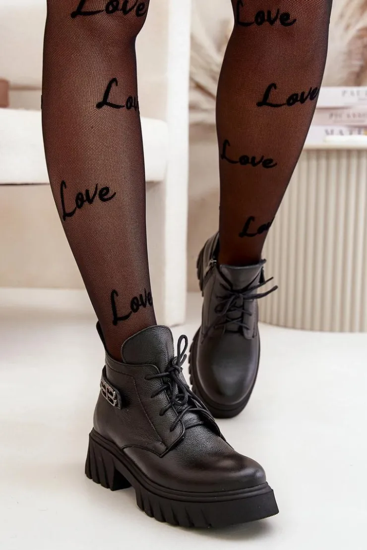 New Zazoo 60483 Damskie Skórzane Botki Z Niską Cholewką Ocieplane Czarne Czarny