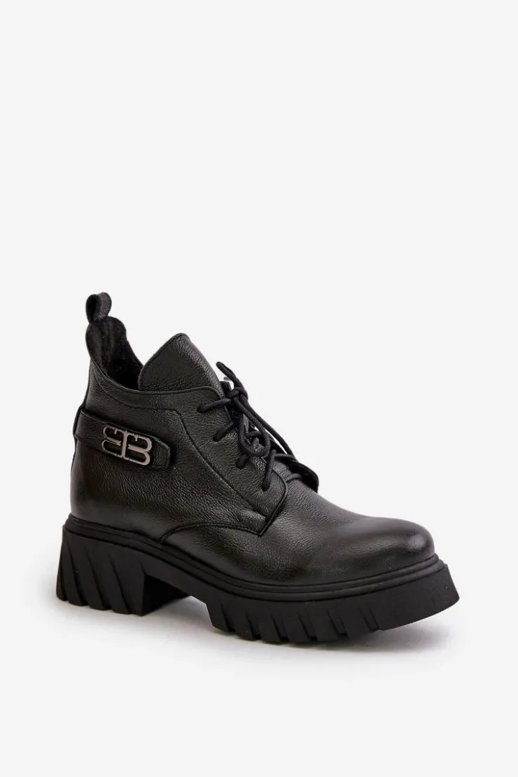 New Zazoo 60483 Damskie Skórzane Botki Z Niską Cholewką Ocieplane Czarne Czarny