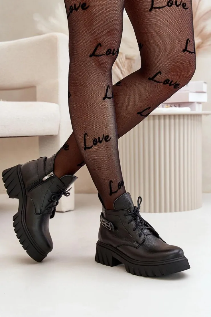 New Zazoo 60483 Damskie Skórzane Botki Z Niską Cholewką Ocieplane Czarne Czarny