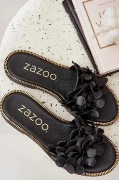 Zazoo Klapki Damskie Klasyczne*40381 Damskie Skórzane Klapki Na Płaskim Obcasie Czarne Czarny