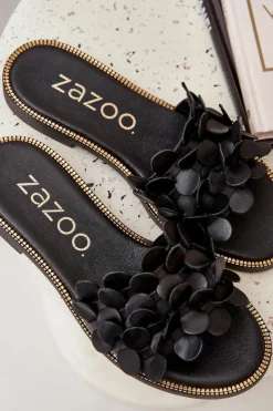 Zazoo Klapki Damskie Klasyczne*40381 Damskie Skórzane Klapki Na Płaskim Obcasie Czarne Czarny