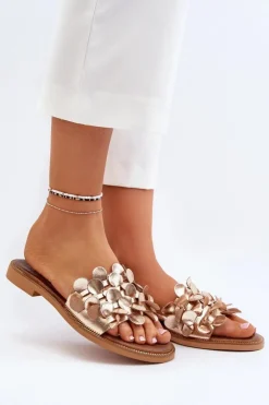 Damskie Zazoo 40381 Damskie Skórzane Klapki Na Płaskim Obcasie Złote