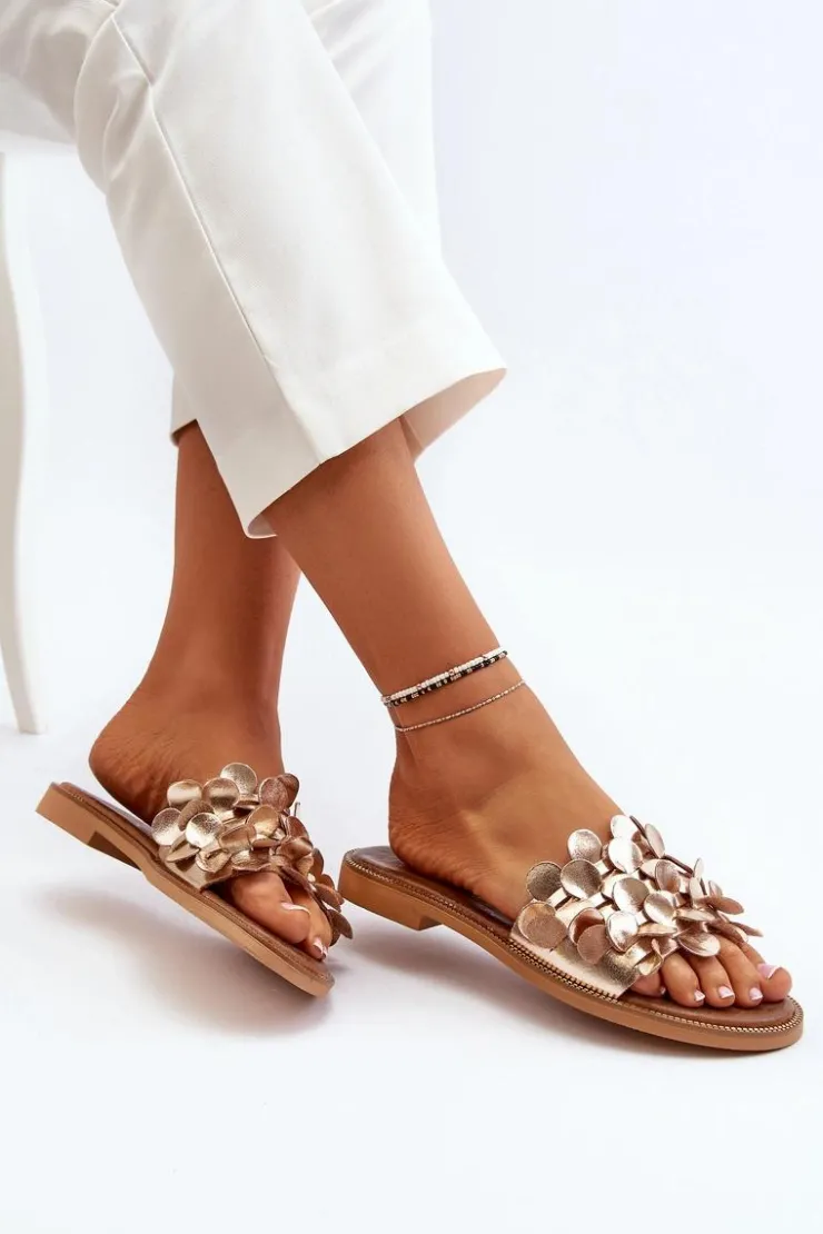 Damskie Zazoo 40381 Damskie Skórzane Klapki Na Płaskim Obcasie Złote