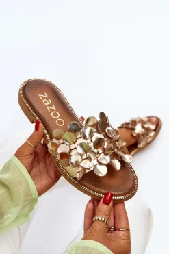 Damskie Zazoo 40381 Damskie Skórzane Klapki Na Płaskim Obcasie Złote