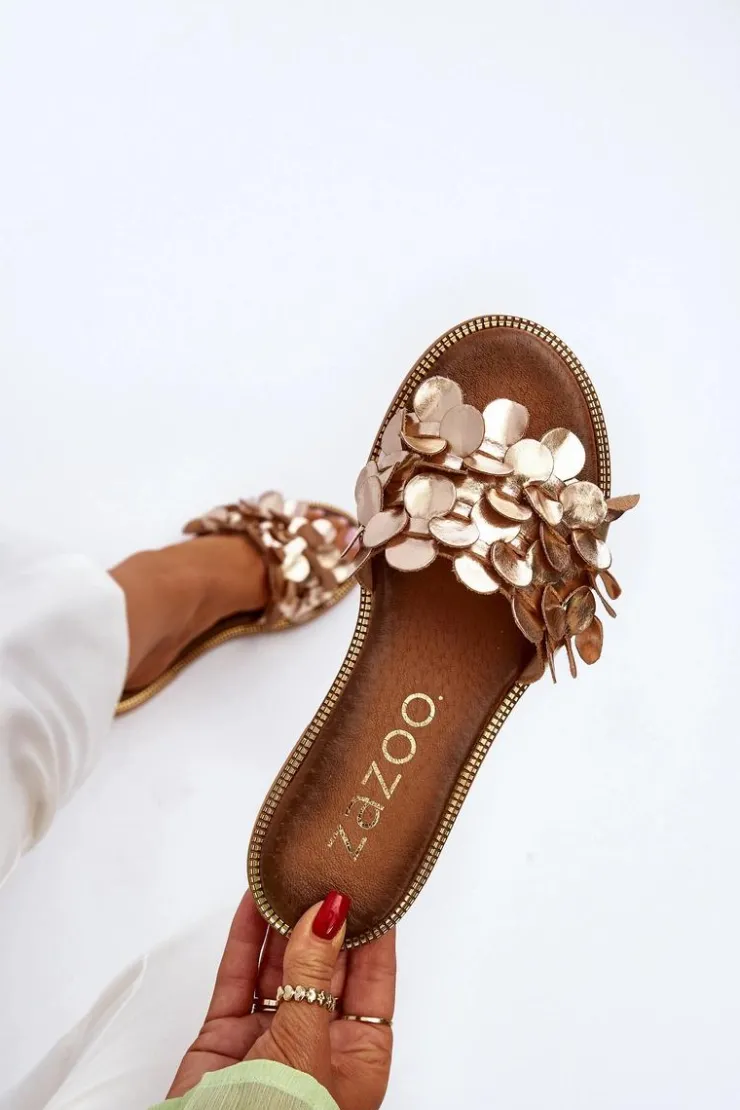 Damskie Zazoo 40381 Damskie Skórzane Klapki Na Płaskim Obcasie Złote