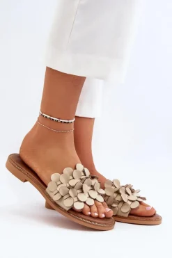 Zazoo Klapki Damskie Klasyczne*40381 Damskie Skórzane Klapki Na Płaskim Obcasie Beżowe Beżowy