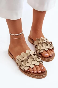 Zazoo Klapki Damskie Klasyczne*40381 Damskie Skórzane Klapki Na Płaskim Obcasie Beżowe Beżowy