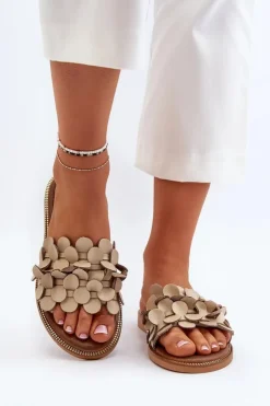 Zazoo Klapki Damskie Klasyczne*40381 Damskie Skórzane Klapki Na Płaskim Obcasie Beżowe Beżowy