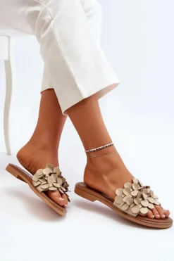 Zazoo Klapki Damskie Klasyczne*40381 Damskie Skórzane Klapki Na Płaskim Obcasie Beżowe Beżowy