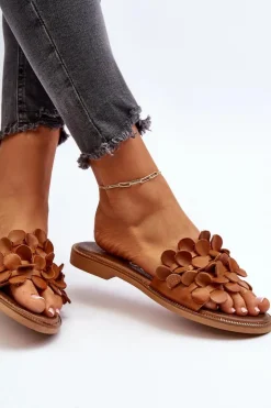 Damskie Zazoo 40381 Damskie Skórzane Klapki Na Płaskim Obcasie Brązowe