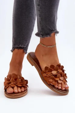 Damskie Zazoo 40381 Damskie Skórzane Klapki Na Płaskim Obcasie Brązowe