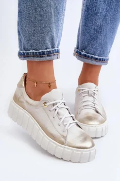 Hot Zazoo 2919 Damskie Skórzane Półbuty Na Grubej Podeszwie Złote