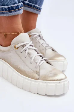 Hot Zazoo 2919 Damskie Skórzane Półbuty Na Grubej Podeszwie Złote