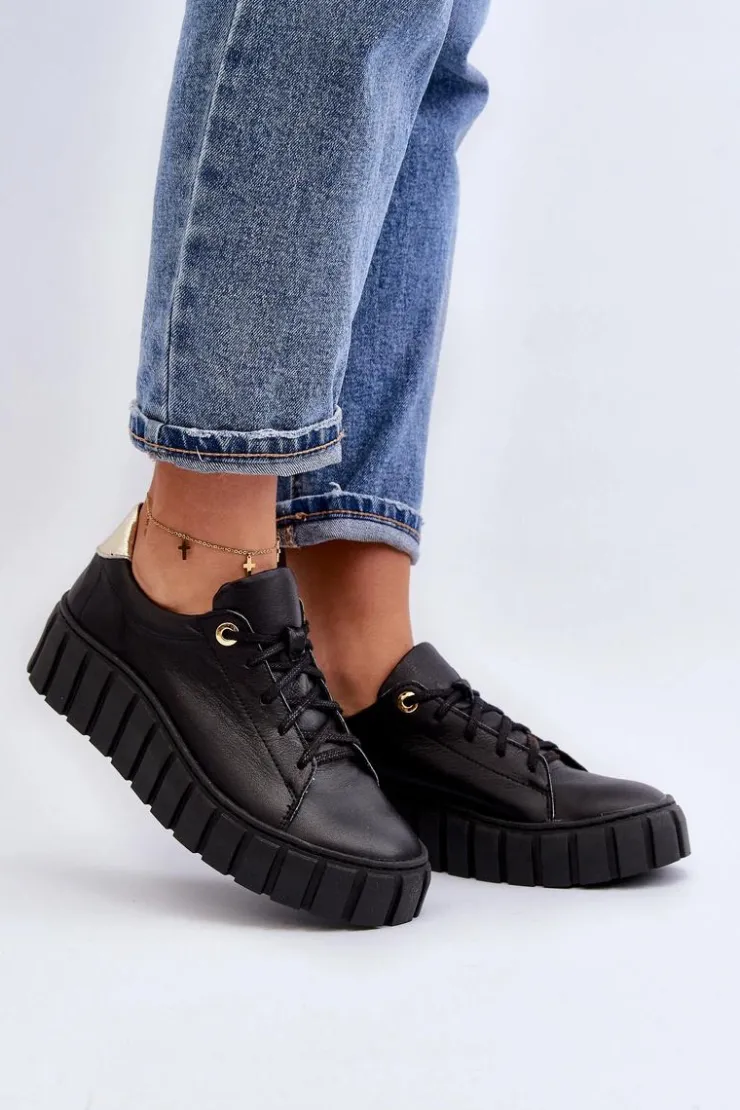 Damskie Zazoo 2919 Damskie Skórzane Półbuty Na Grubej Podeszwie Czarne