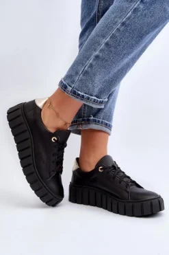 Damskie Zazoo 2919 Damskie Skórzane Półbuty Na Grubej Podeszwie Czarne