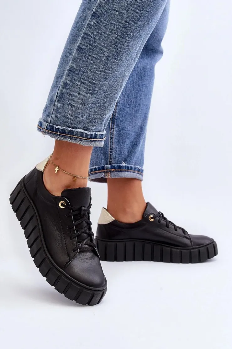 Damskie Zazoo 2919 Damskie Skórzane Półbuty Na Grubej Podeszwie Czarne