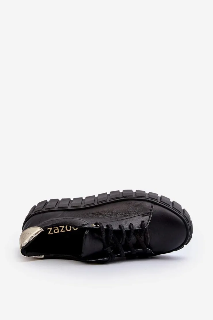 Damskie Zazoo 2919 Damskie Skórzane Półbuty Na Grubej Podeszwie Czarne