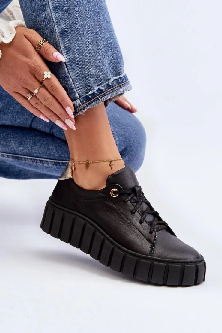 Damskie Zazoo 2919 Damskie Skórzane Półbuty Na Grubej Podeszwie Czarne