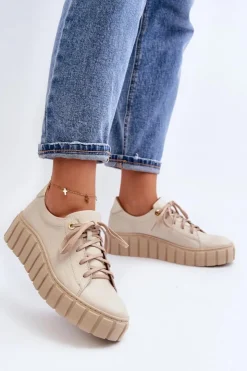 Zazoo Półbuty Skórzane*2919 Damskie Skórzane Półbuty Na Grubej Podeszwie Beżowe