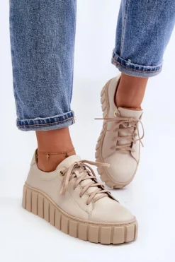 Zazoo Półbuty Skórzane*2919 Damskie Skórzane Półbuty Na Grubej Podeszwie Beżowe