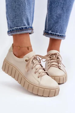 Zazoo Półbuty Skórzane*2919 Damskie Skórzane Półbuty Na Grubej Podeszwie Beżowe