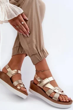 Damskie Zazoo 40397 Damskie Skórzane Sandały Na Platformie Złote