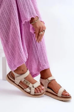 Damskie Maciejka Zazoo 50103 Damskie Skórzane Sandały Na Platformie Beżowe