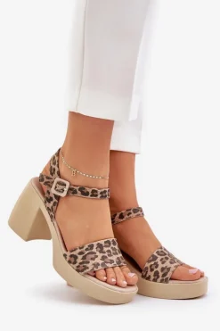 Damskie Zazoo 40386 Damskie Skórzane Sandały Na Klocku Panterka Brązowo-Beżowe