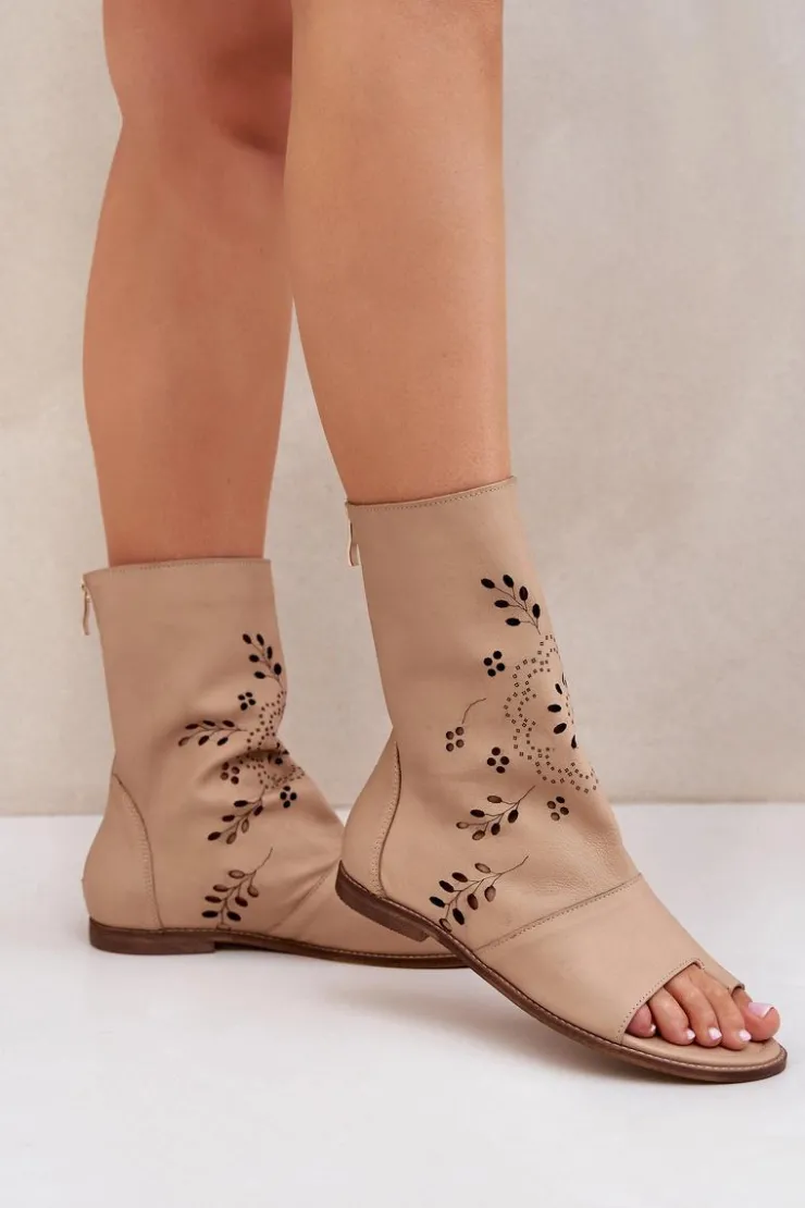 Clearance Boto Zazoo 3437 Damskie Skórzane Sandały Z Cholewką Na Zamek Beżowe Beżowy