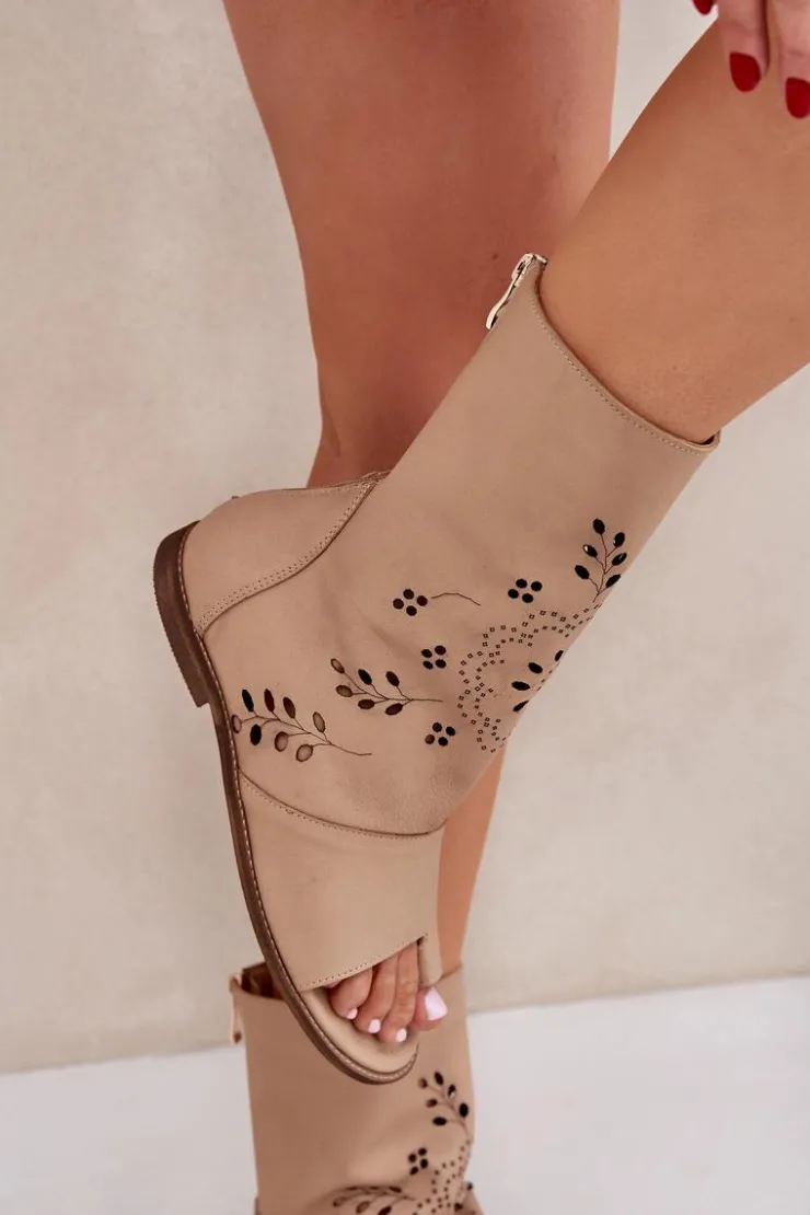 Clearance Boto Zazoo 3437 Damskie Skórzane Sandały Z Cholewką Na Zamek Beżowe Beżowy